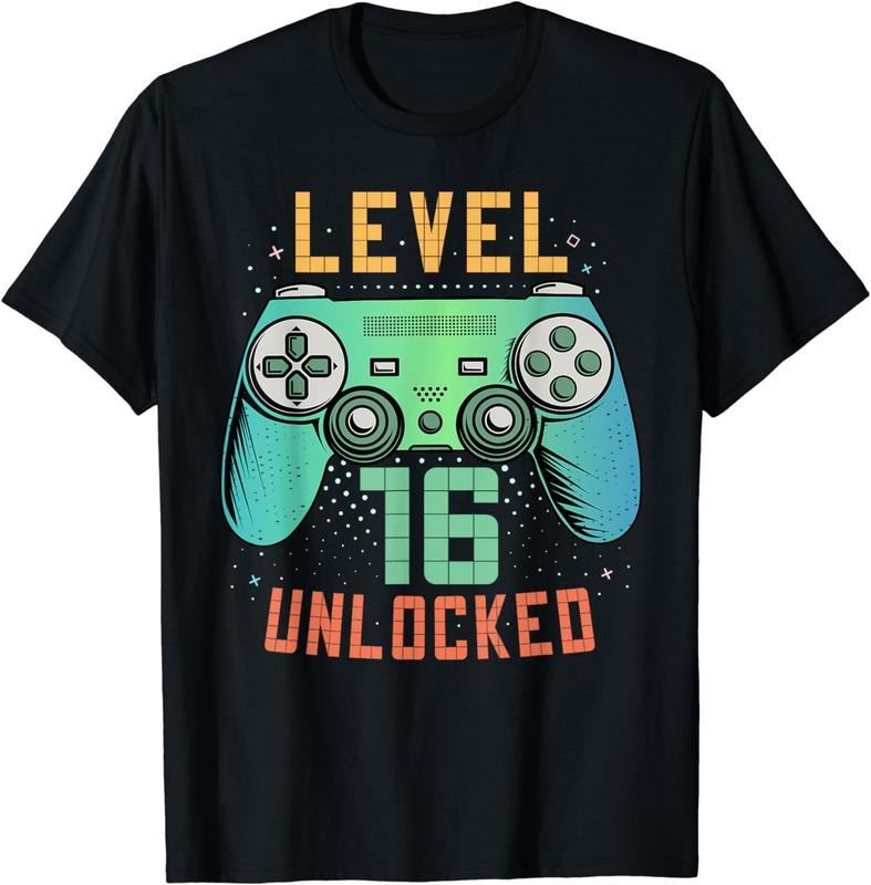 [100% Cotton]Level 16 Unlocked 16th Birthday Gamer Gifts 16 Year Old Boys T-Shirt