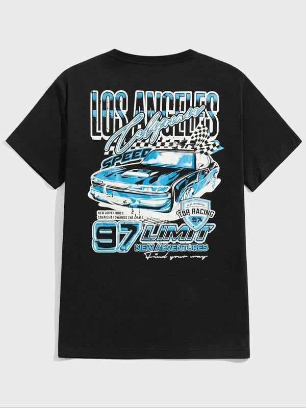 [100% Cotton]Men's Cartoon Car Graphic Print Round Neck Tee, Regular Fit Casual Fashion Short Sleeve T-shirt for Daily...