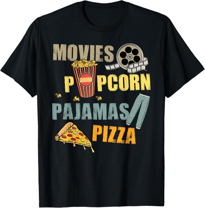 100% Cotton Movies Popcorn Pajamas Pizza Movie Night T-Shirt