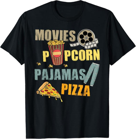100% Cotton Movies Popcorn Pajamas Pizza Movie Night T-Shirt