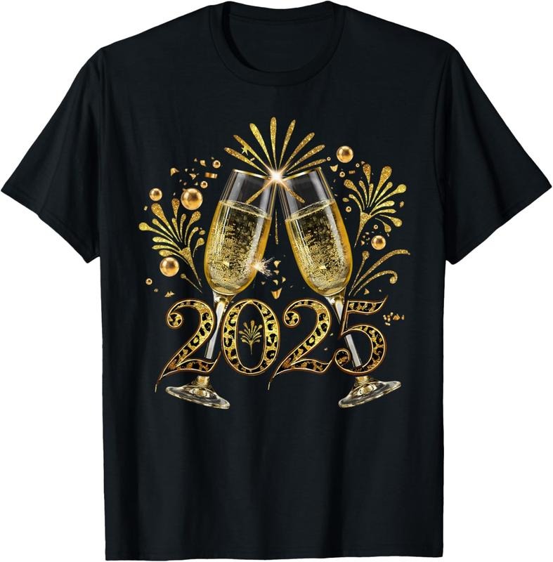 100% Cotton New Years Eve Happy New Year 2025 Firework Champagne Leopard T-Shirt