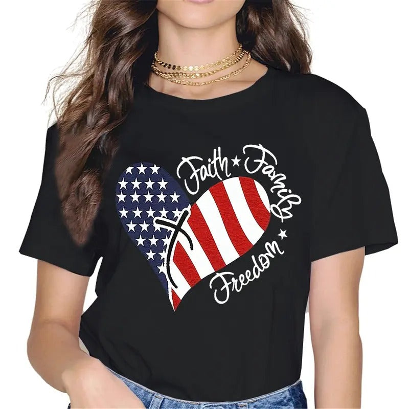 [100% Cotton]Patriotic Shirts for Women American Flag Shirt Faith Family Freedom Graphic Tee USA Star Stripes Tops