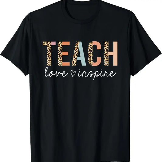 100% Cotton Teach Love Inspire Leopard Back to School Cute Teacher T-Shirt