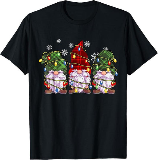 100% Cotton Three Gnomes Men Women Buffalo Plaid Red Christmas T-Shirt