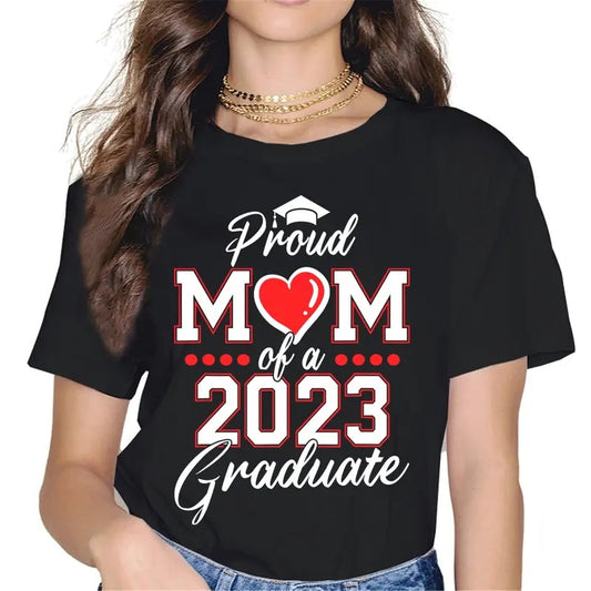[100% Cotton]Tops For Women Proud Mom of a 2023 Graduate T-Shirt Graphics Casual Short Sleeve Crew Neck Shirts Gift Tee Black