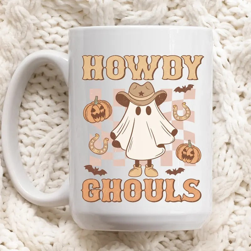 Howdy Ghouls Halloween Mug, Western Spooky Ghost Cup, Haunt-Themed Coffee Mug, Novelty Halloween Gift for Friends/BFF, 11oz/15oz Ceramic Drinkware
