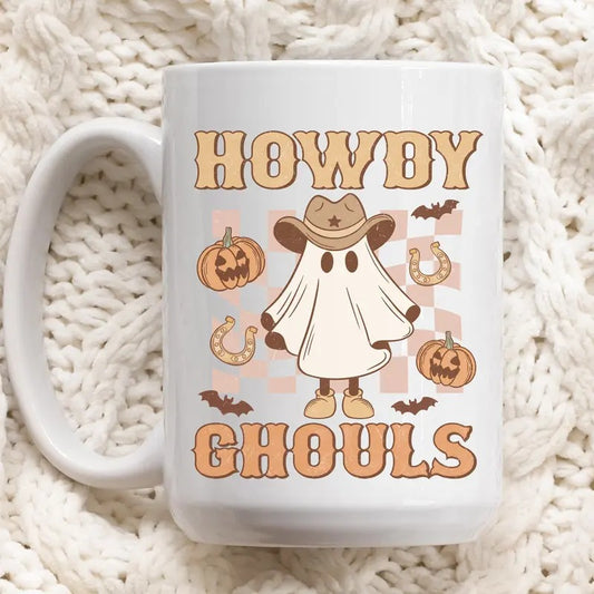 Howdy Ghouls Halloween Mug, Western Spooky Ghost Cup, Haunt-Themed Coffee Mug, Novelty Halloween Gift for Friends/BFF, 11oz/15oz Ceramic Drinkware