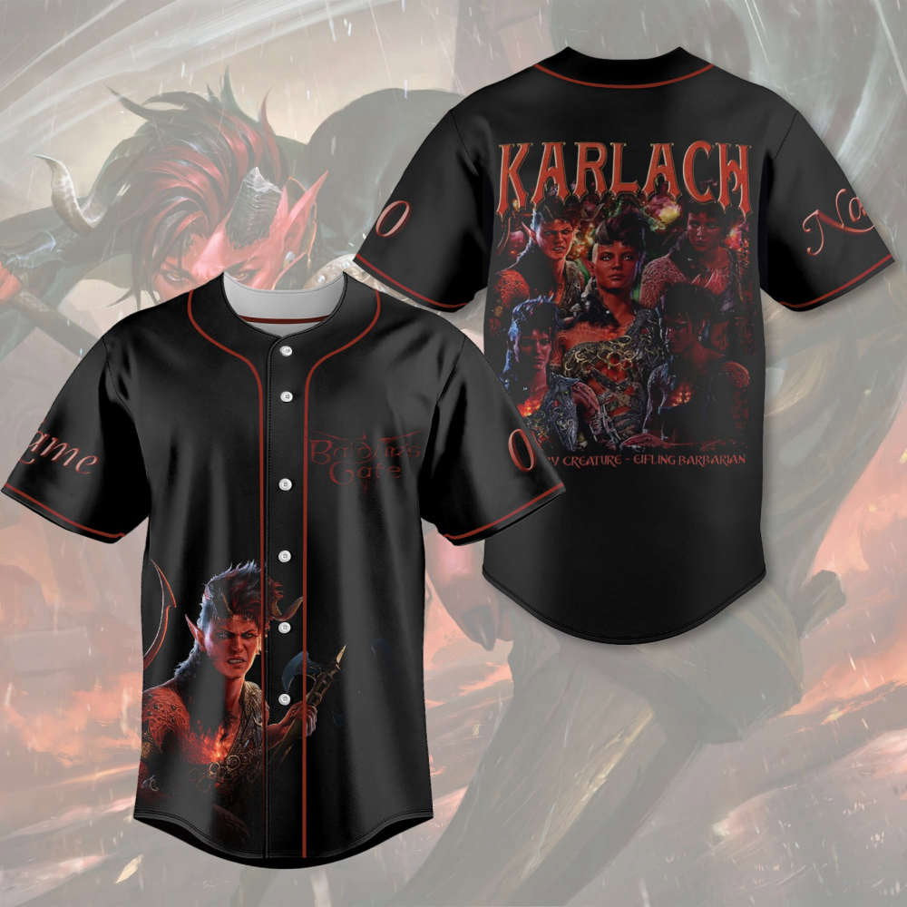 Custom Karlach Baldur s Gate 3 Baseball Jersey – Astarion High Elf Shirt & Rogue Merch Dungeon Master Gift