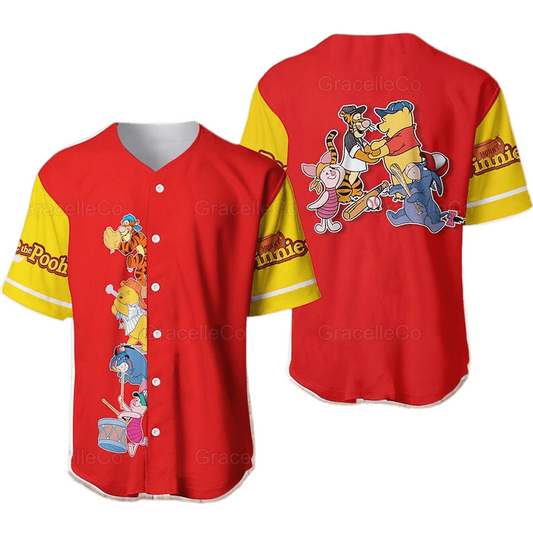 Winnie The Pooh Jersey Disney Winnie The Pooh And Friends Playing Sport Red Jersey Shirt Winnie The Pooh Baseball Jersey Disney Baseball Jersey - Bafud