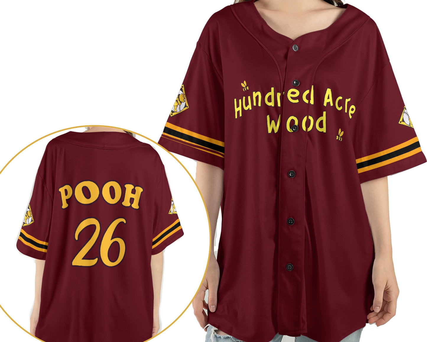 Winnie The Pooh Hundred Acre Wood 2 Sided Baseball Jersey Shirt, Disney Pooh Bear Sport Outfits, Disney World Disneyland Trip Birthday Gift - Bafud