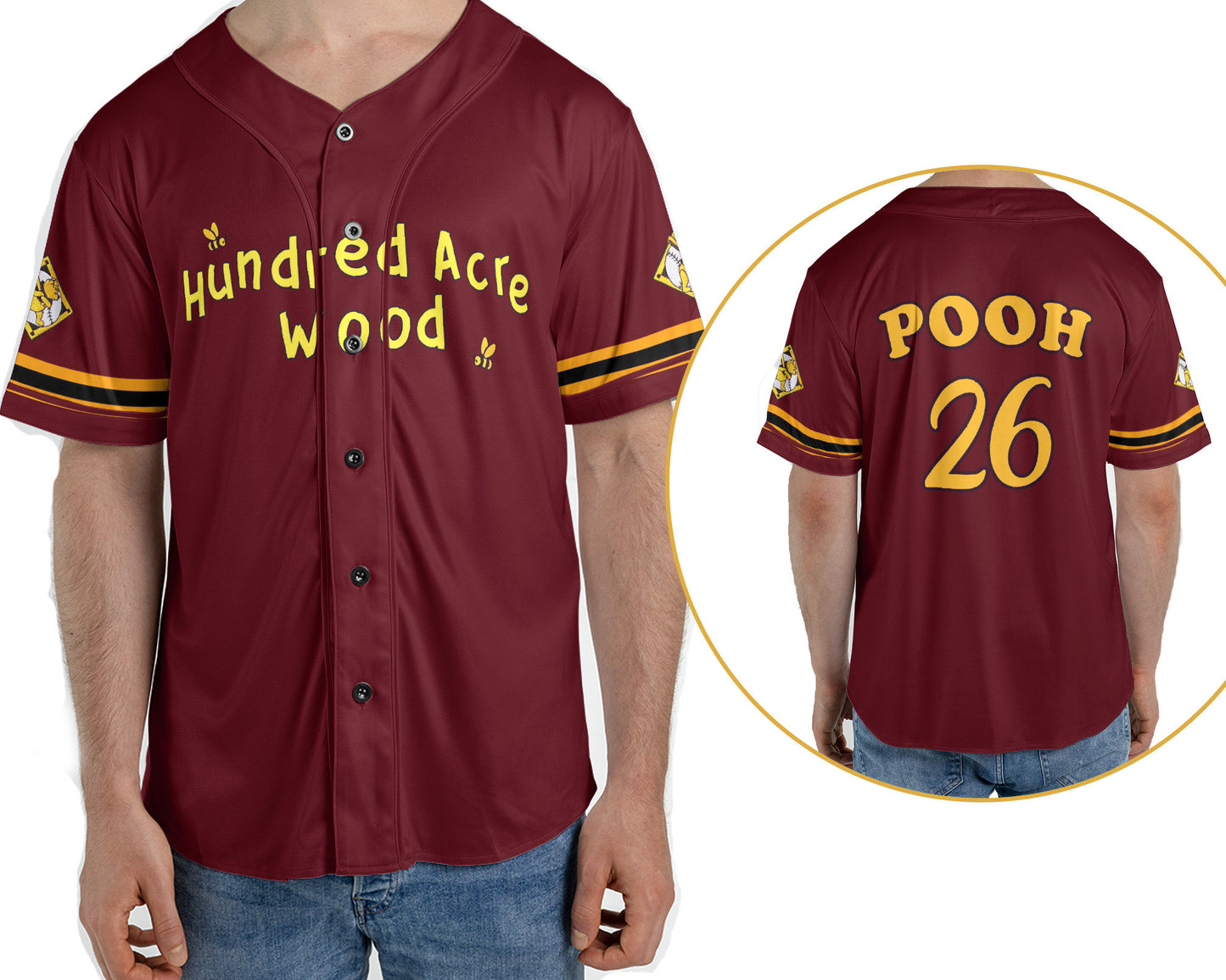 Winnie The Pooh Hundred Acre Wood 2 Sided Baseball Jersey Shirt, Disney Pooh Bear Sport Outfits, Disney World Disneyland Trip Birthday Gift - Bafud