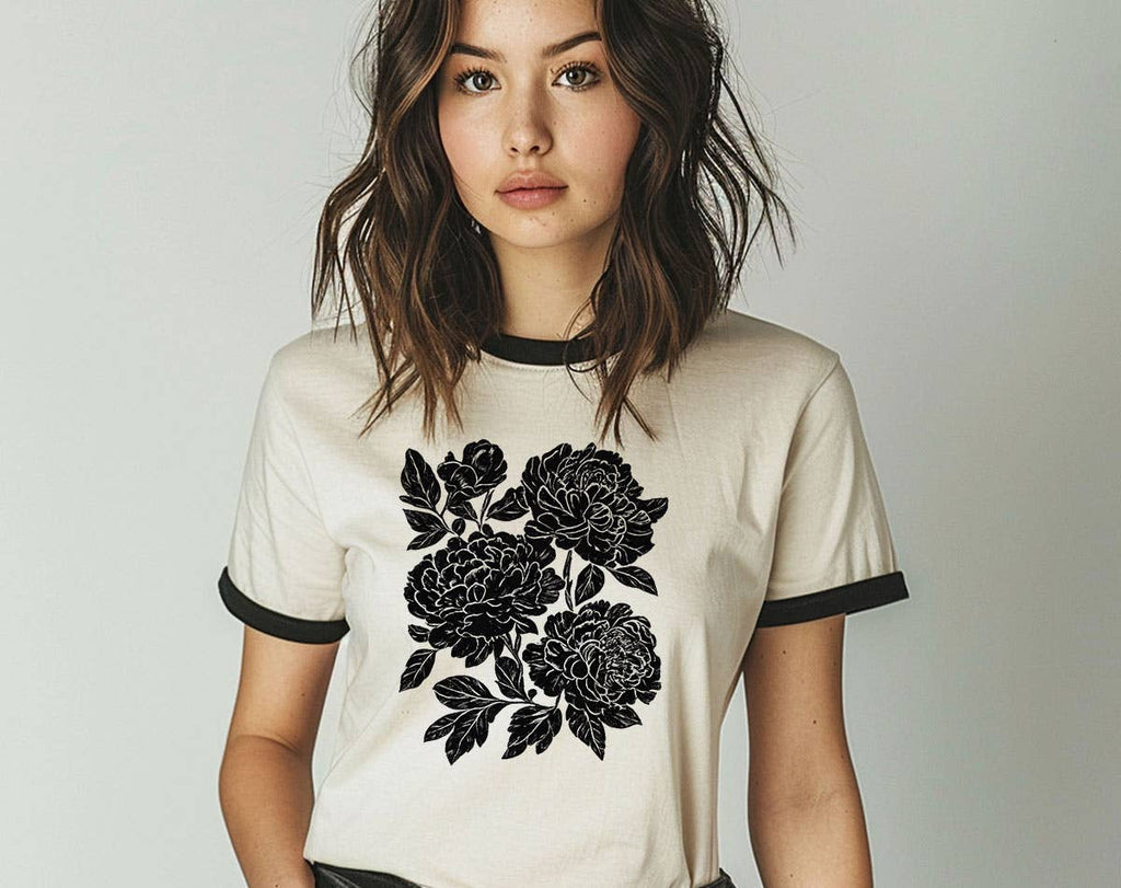 Retro Linocut Black Peonies Floral Boho Ringer Shirt