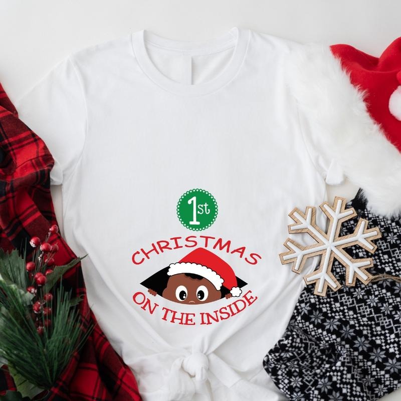 1st Christmas On The Inside T-Shirt, Christmas Afro Baby Announcement Shirt, Santa Pregnant Wife Gift Tee, African Mom To Be Tee, Christmas Maternity Shirt.