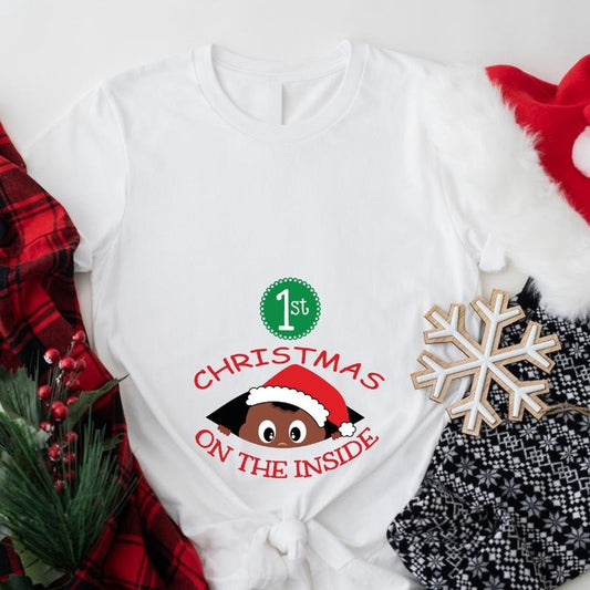 1st Christmas On The Inside T-Shirt, Christmas Afro Baby Announcement Shirt, Santa Pregnant Wife Gift Tee, African Mom To Be Tee, Christmas Maternity Shirt.