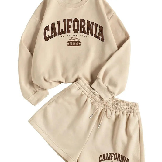 2 Piece Outfits Letter Printed Drop Shoulder Long Sleeve Sweatshirt and Shorts Sets