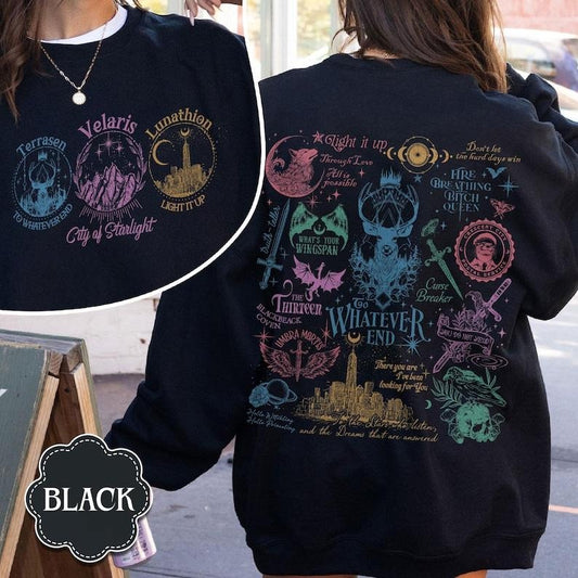 2 Slide Design, Acotar Sweatshirt. Throne of Glass Shirt, Fireheart Terrasen Shirt, to Whatever End Shirt, Manon Blackbeak Throne of Glass Shirt