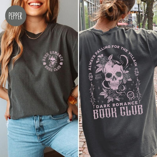 2 Slide Design, Falling for the Villain  Shirt for Dark Romance Reader Smut Lover Shirt Vintage Bookish T-Shirt for Romantasy Reader Book Club Crewneck Womenswear Tshirt