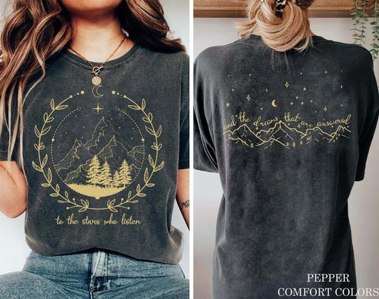 2 slide design,  To the stars who listen and the dreams that are answered, night court tshirt, acotar, A court of thorns and roses, Velaris