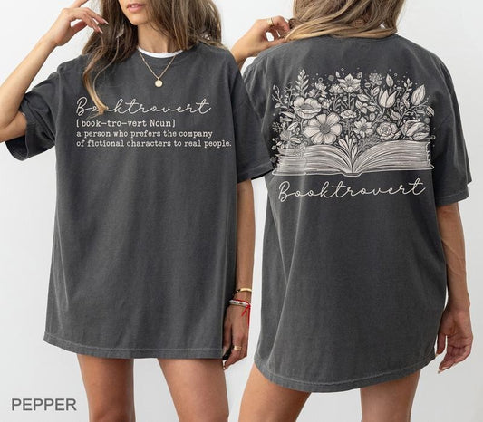 2 slides, Two sided booktrovert definition tshirt, floral book t-shirt, bookish t-shirt, iprintasty, Teacher t-shirt, Bookwarm shirt, Book nerd Shirt