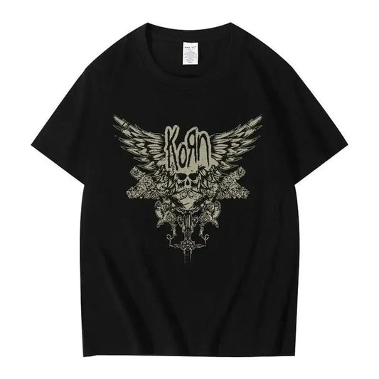 2024 Summer Korn Skull Wings Black T Shirt, Women and Men Metal Gothic Rock Band T-Shirts, Vintage Plus Size T-shirt Cotton Tops, Unisex Shirt, Gift For Her
