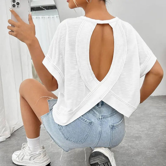 2025 Open Back Tops for Women Criss Cross Cut Out Tee Backless Casual Short Sleeve Round Neck T Shirt