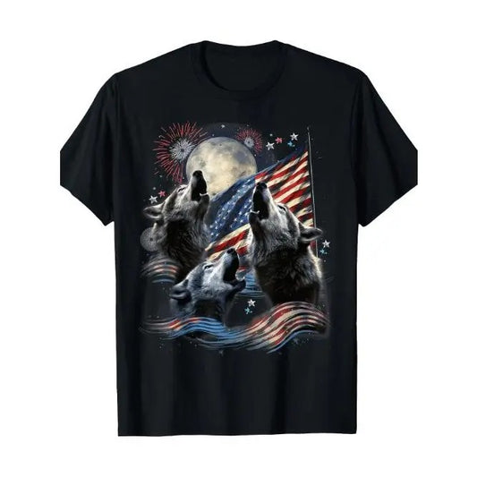3 Wolf Moon Howling Wolf American Flag Howling America T-Shirt- 100% Pure Cotton 220g Made in USA