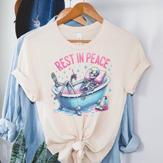 # 313 - Rest in Peace Skeleton Relaxing in Tub - Print Unisex Crew neck Tee T-shirt Comfort Fabric
