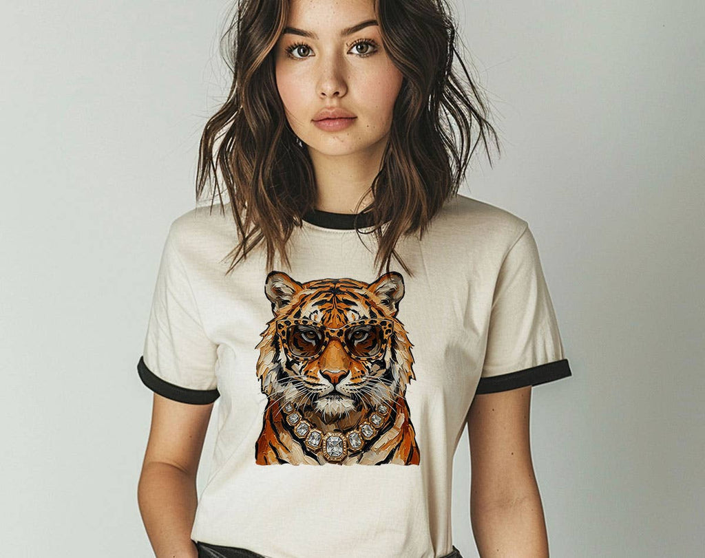 Glam Tiger Preppy Boujee Leopard Animal Bling Ringer Shirt