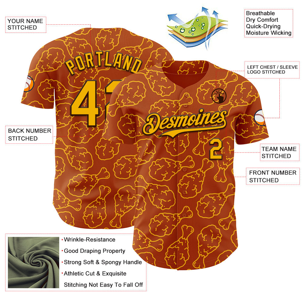 Custom Texas Orange Gold-Black Foodie Fast Food Fried Chicken Authentic Baseball Jersey