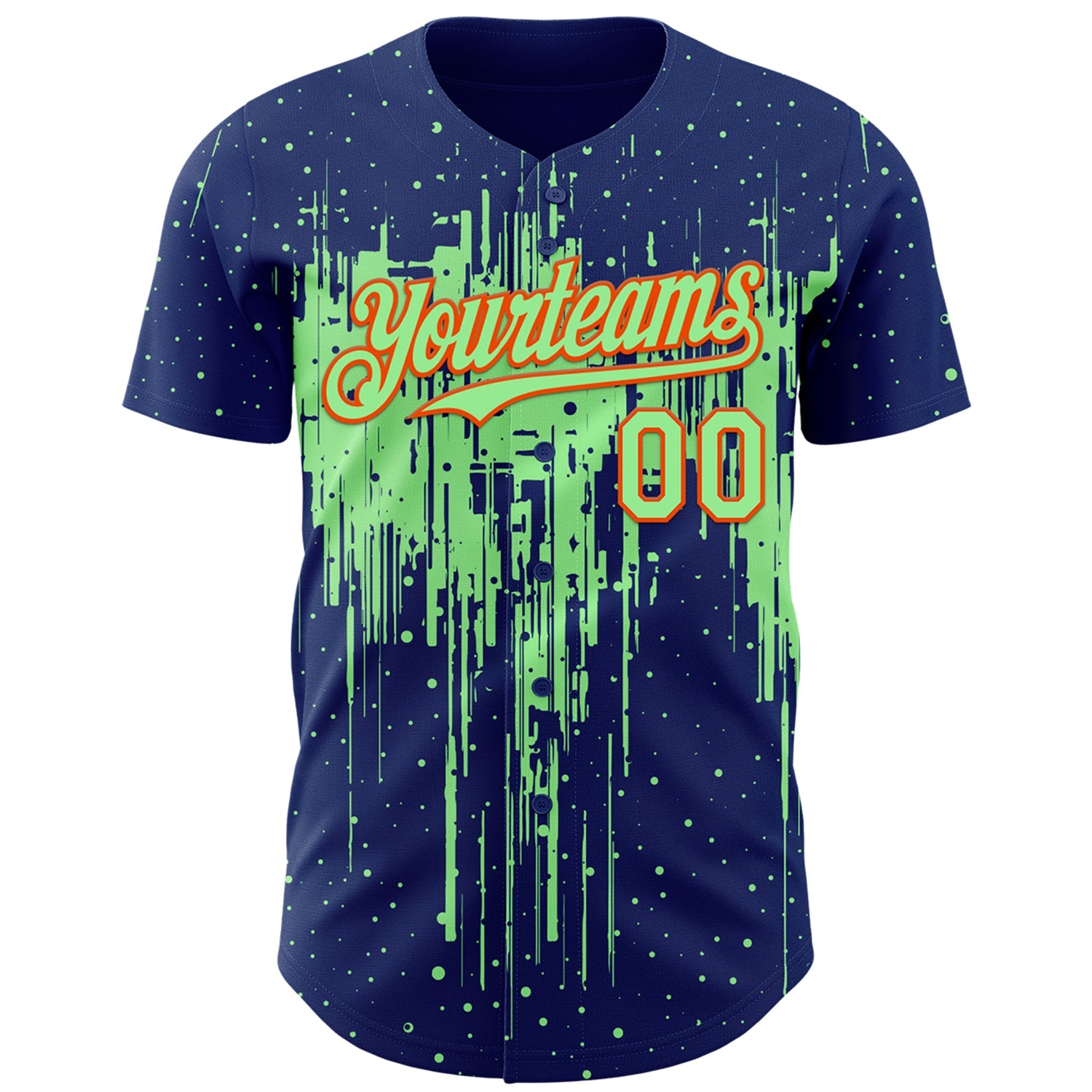Custom Royal Pea Green-Orange Dripping Splatter Paint Authentic Baseball Jersey