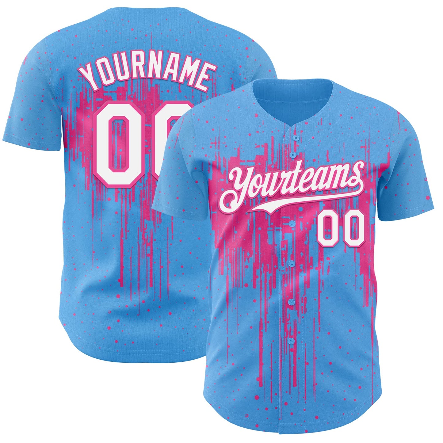 Custom Sky Blue White-Pink Dripping Splatter Paint Authentic Baseball Jersey