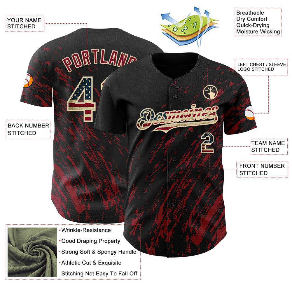 Custom Black Vintage USA Flag Crimson-Cream Paint Stroke Grunge Streak Authentic Baseball Jersey