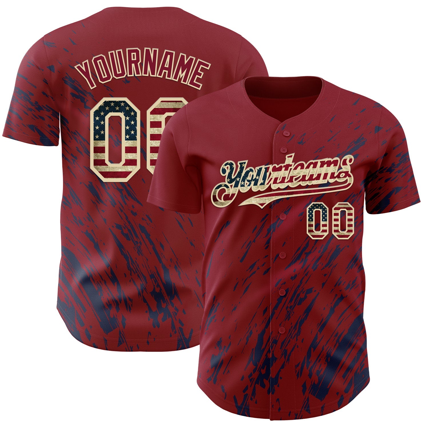 Custom Crimson Vintage USA Flag Navy-Cream Paint Stroke Grunge Streak Authentic Baseball Jersey