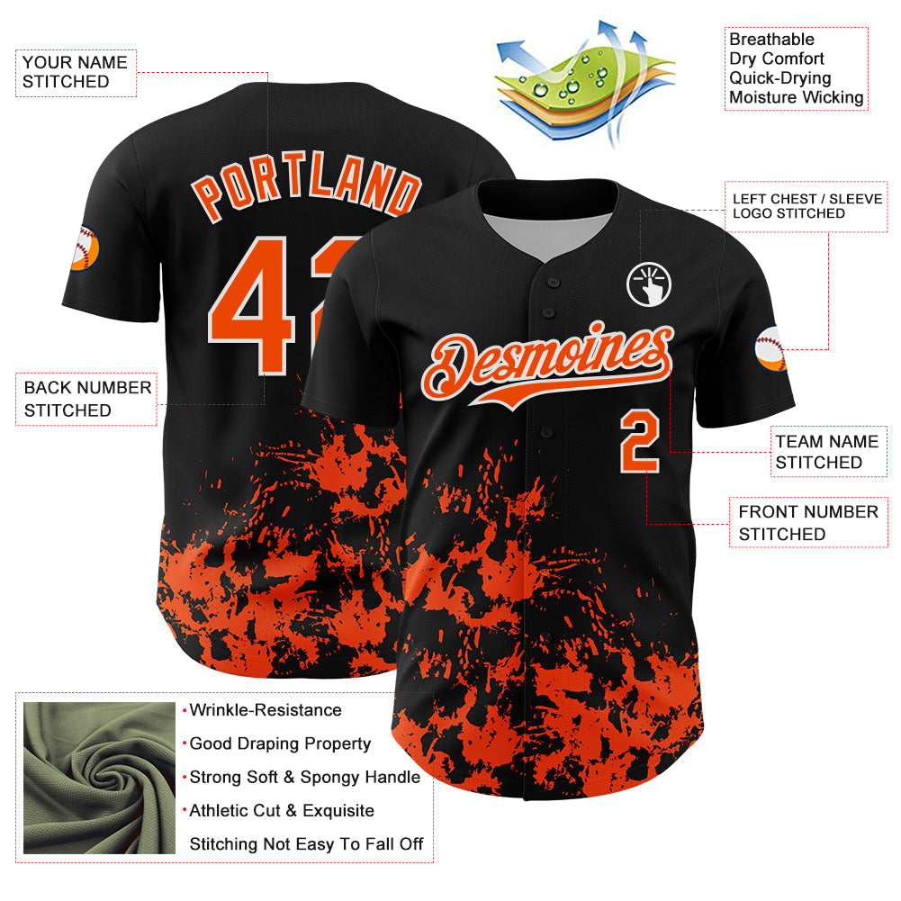 Custom Black Orange-White Splatter Authentic Baseball Jersey