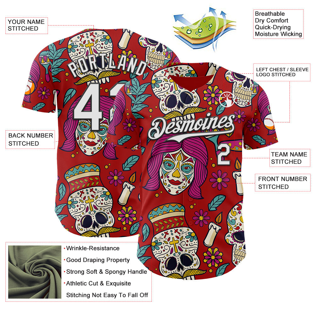 Custom Red White-Black Sugar Skull Day of the Dead Mexican Folk Art Authentic Baseball Jersey