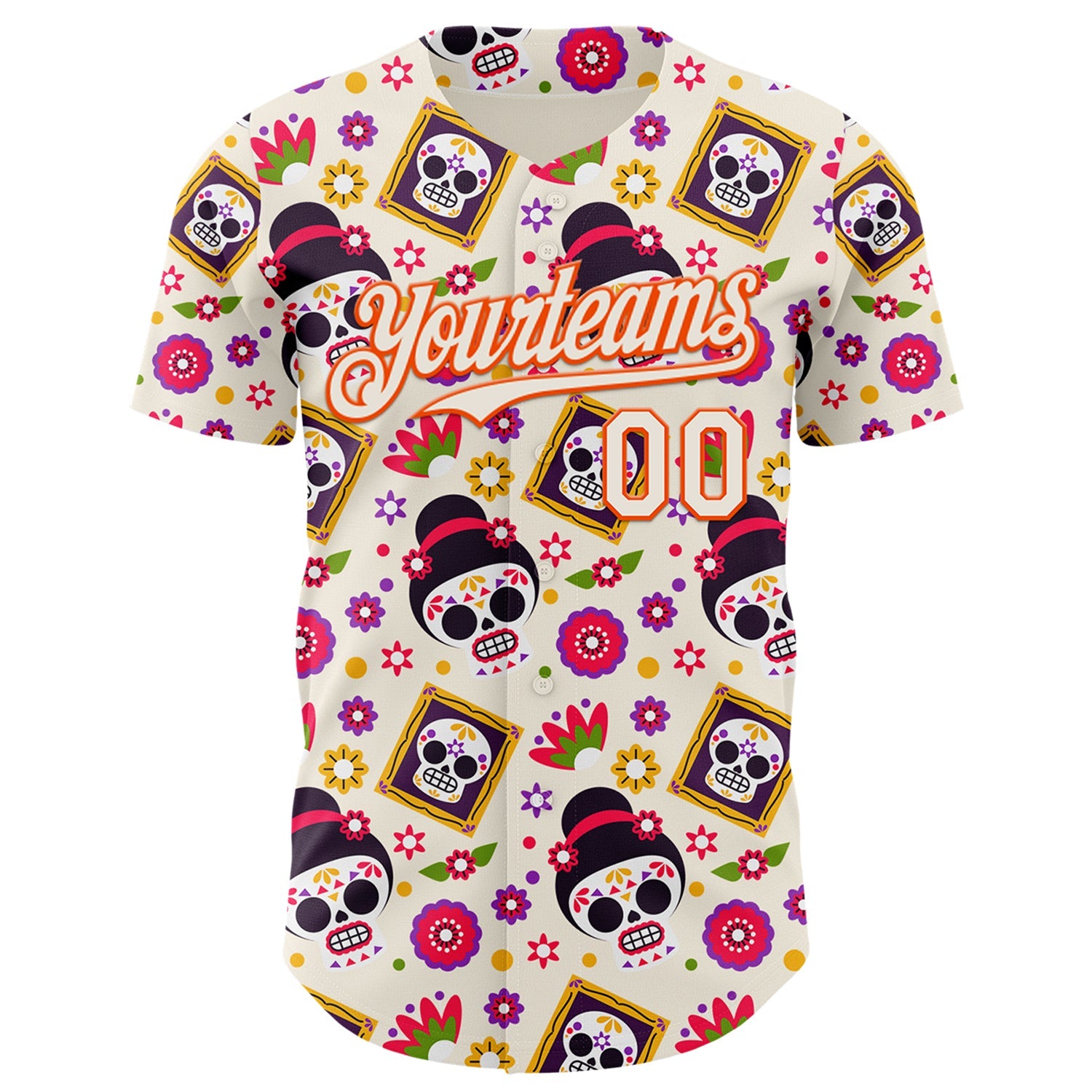 Custom Cream Orange Sugar Skull Day of the Dead Mexican Folk Art Authentic Baseball Jersey