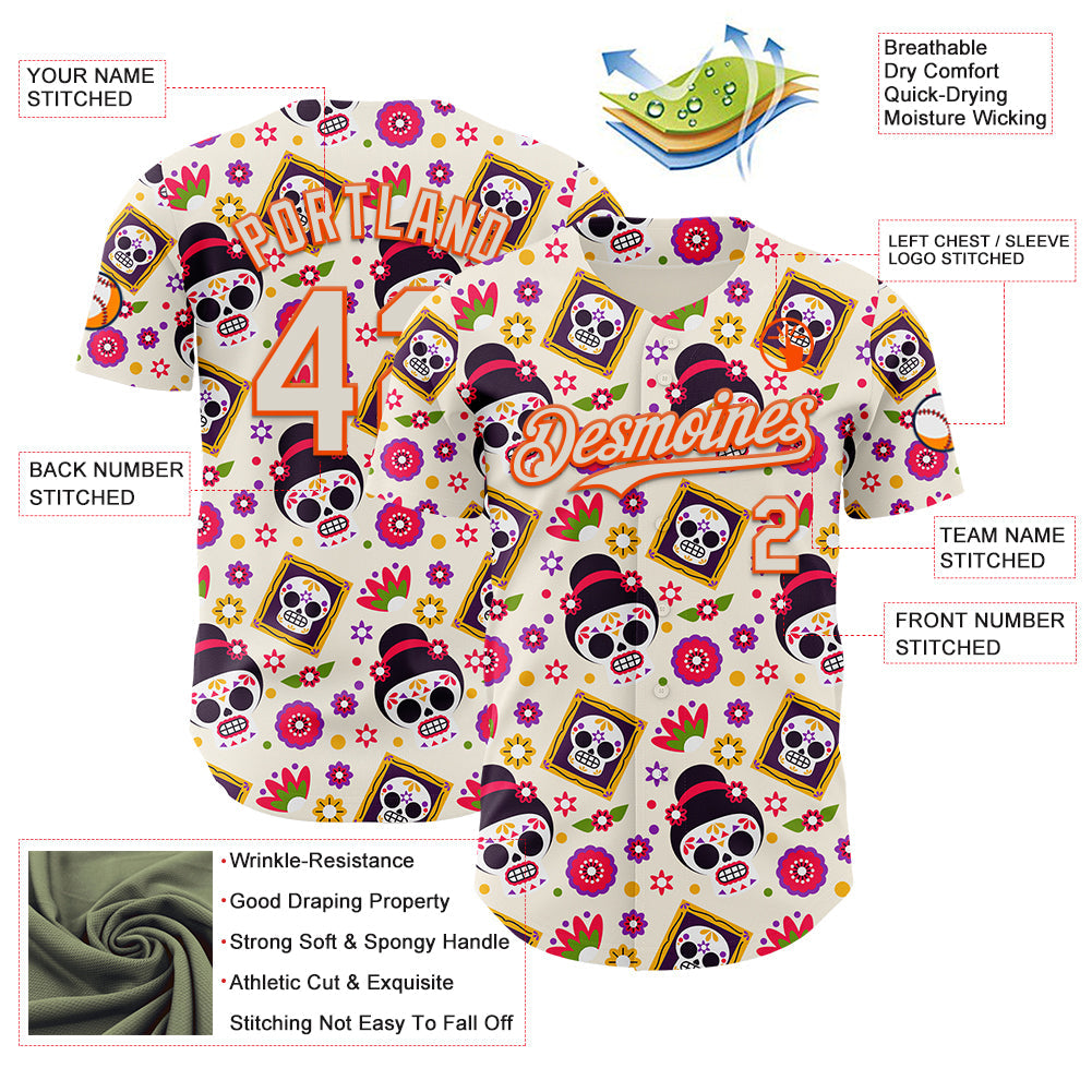Custom Cream Orange Sugar Skull Day of the Dead Mexican Folk Art Authentic Baseball Jersey