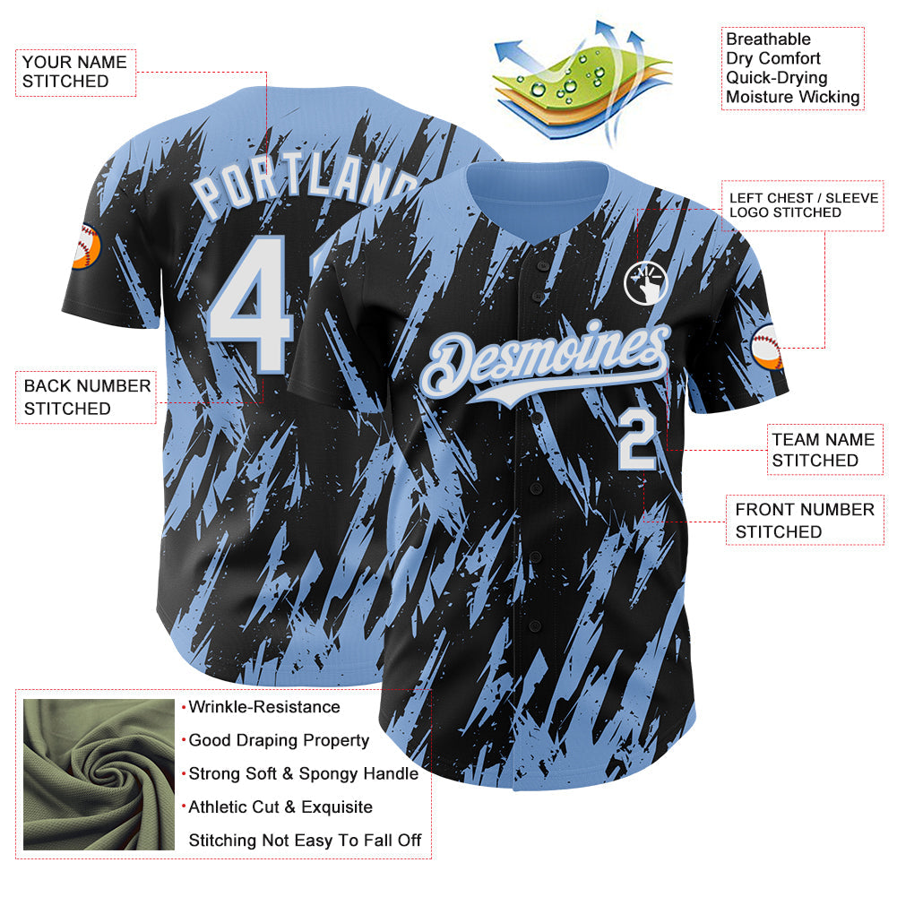 Custom Black White-Light Blue Splatter Torn Sharp Brush Stroke Authentic Baseball Jersey
