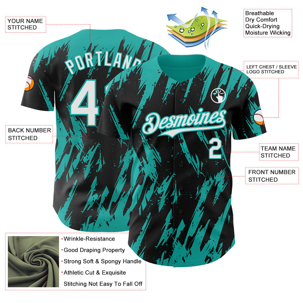 Custom Black White-Aqua Splatter Torn Sharp Brush Stroke Authentic Baseball Jersey