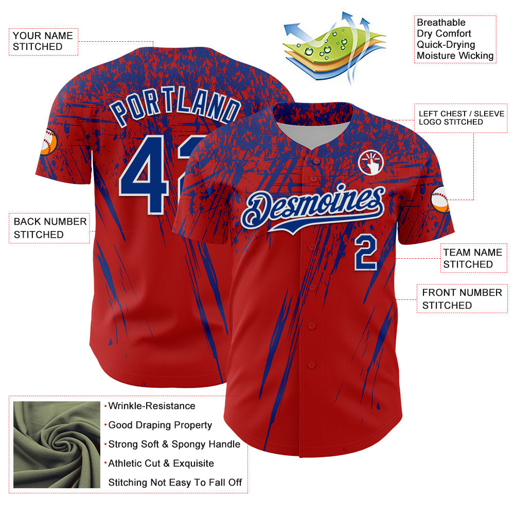Custom Red Royal-White Distressed Scratch Brush Stroke Authentic Baseball Jersey
