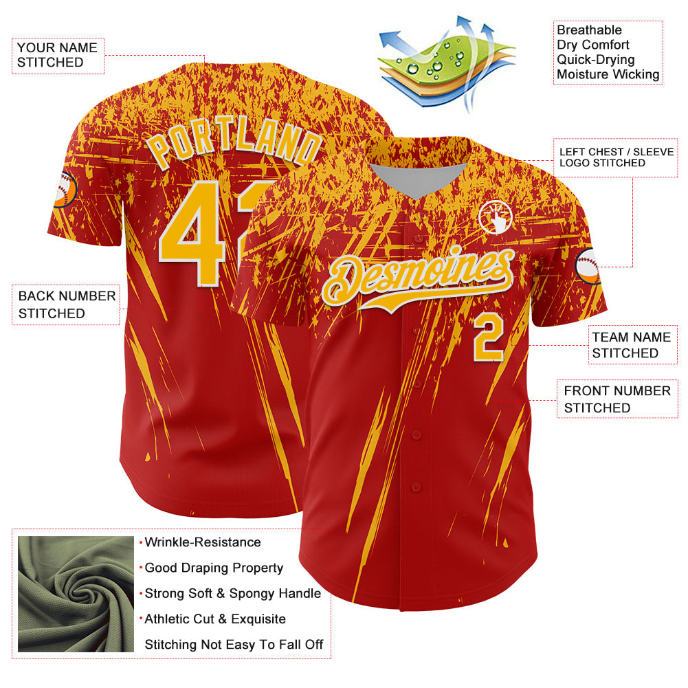 Custom Red Gold-White Distressed Scratch Brush Stroke Authentic Baseball Jersey