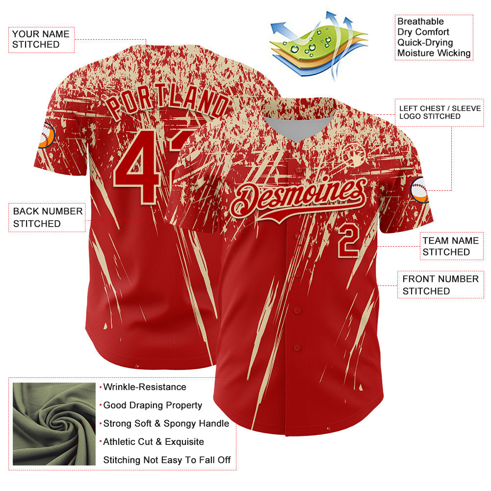 Custom Red Cream Distressed Scratch Brush Stroke Authentic Baseball Jersey