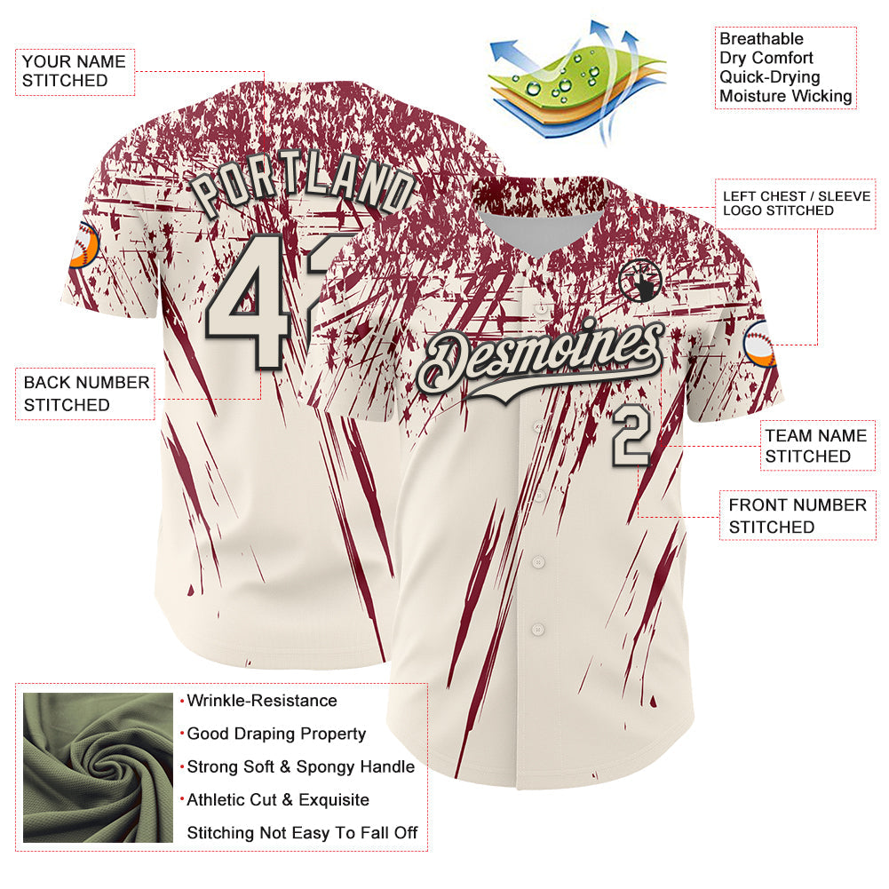 Custom Cream Crimson-Black Distressed Scratch Brush Stroke Authentic Baseball Jersey