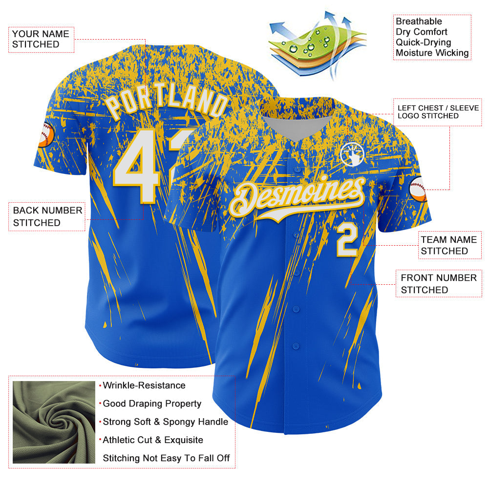 Custom Thunder Blue White-Yellow Distressed Scratch Brush Stroke Authentic Baseball Jersey