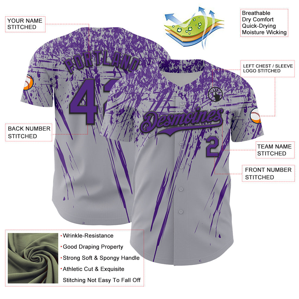 Custom Gray Purple-Black Distressed Scratch Brush Stroke Authentic Baseball Jersey