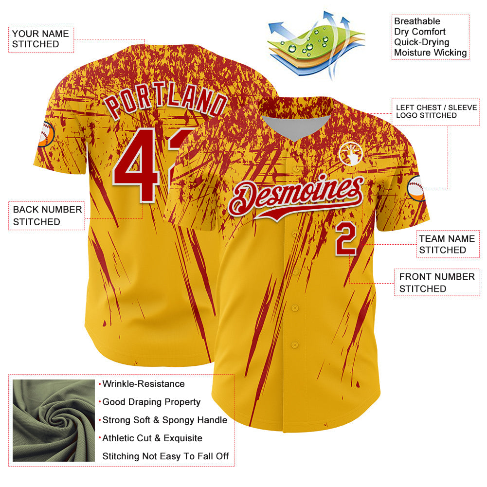Custom Gold Red-White Distressed Scratch Brush Stroke Authentic Baseball Jersey