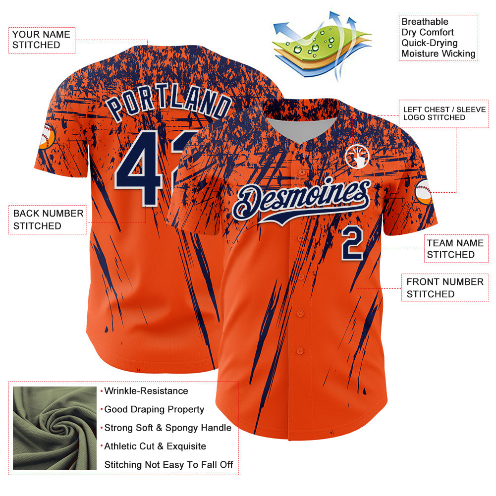 Custom Orange Navy-White Distressed Scratch Brush Stroke Authentic Baseball Jersey