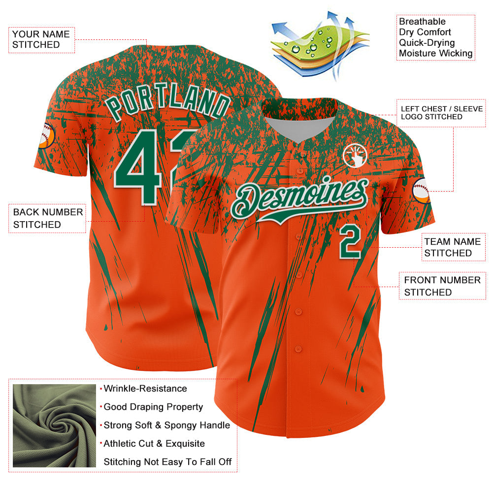Custom Orange Kelly Green-White Distressed Scratch Brush Stroke Authentic Baseball Jersey