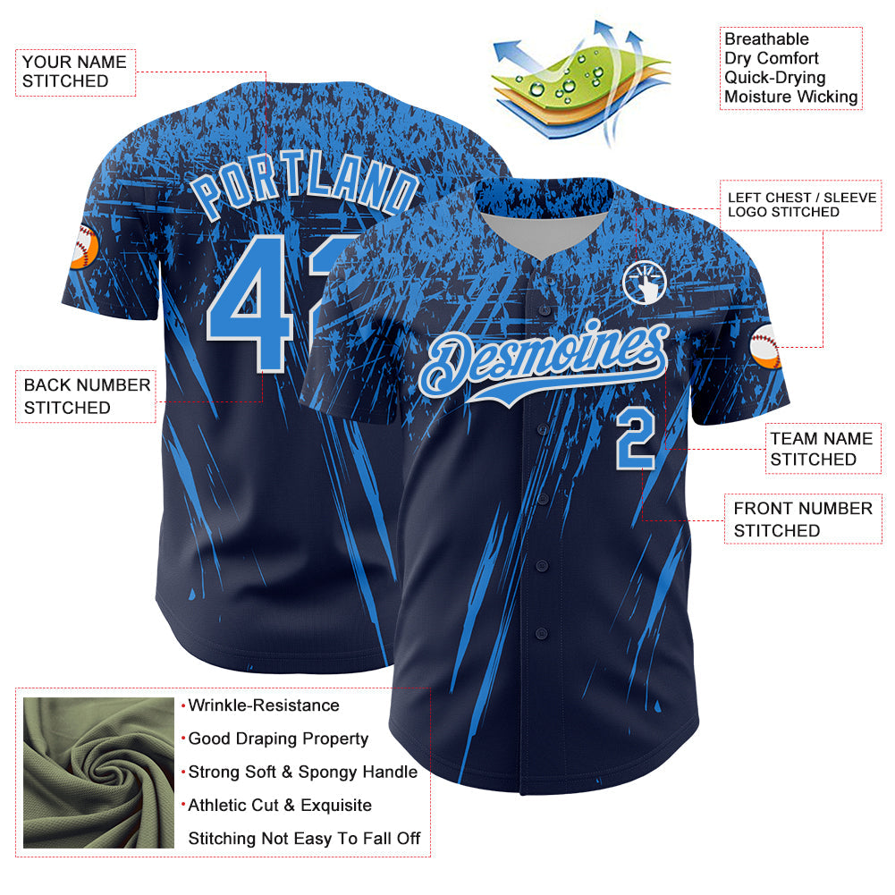 Custom Navy Electric Blue-White Distressed Scratch Brush Stroke Authentic Baseball Jersey