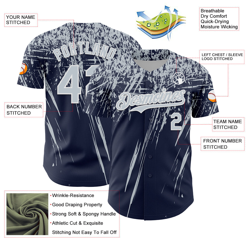 Custom Navy Silver-White Distressed Scratch Brush Stroke Authentic Baseball Jersey